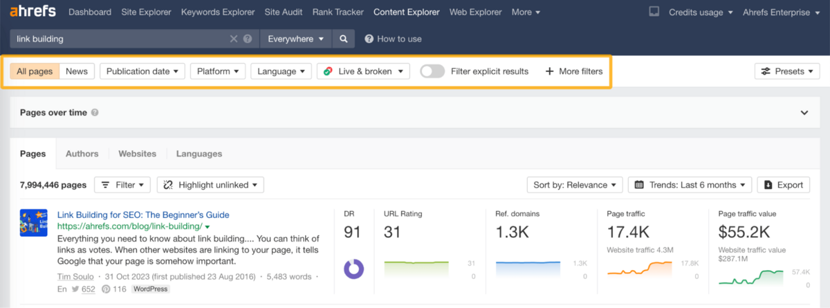 Content Explorer in Ahrefs