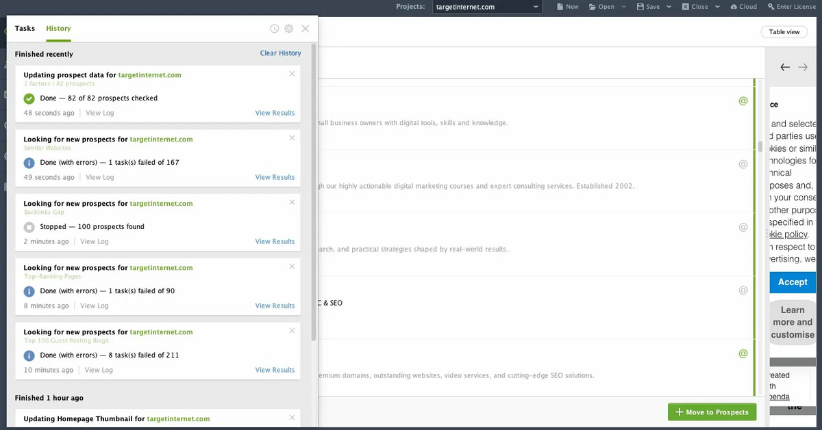 SEO PowerSuite: Task History