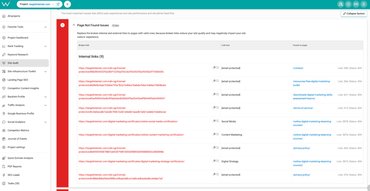 WebCEO - Page Not Found Issues Example