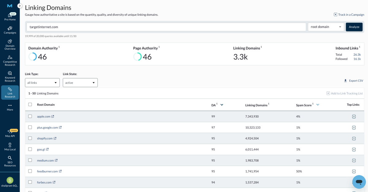 Linking Domains in Moz Pro
