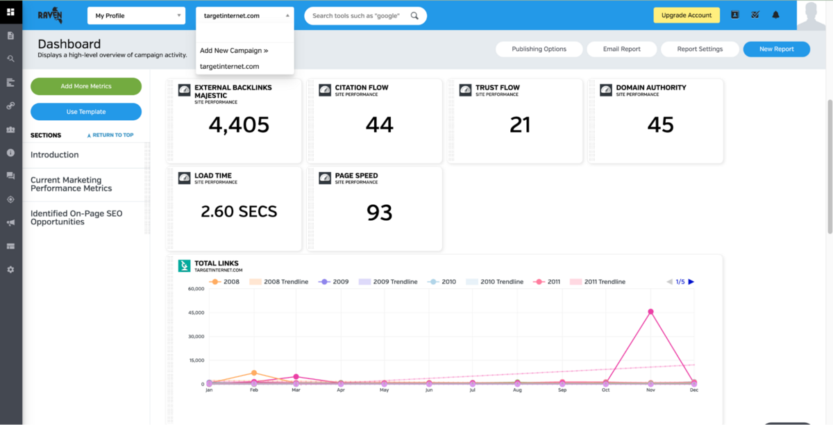 Raven Tools - Dashboard View