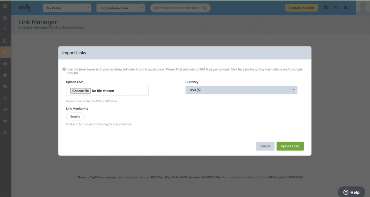 Raven Tools - Importing Links to Link Manager