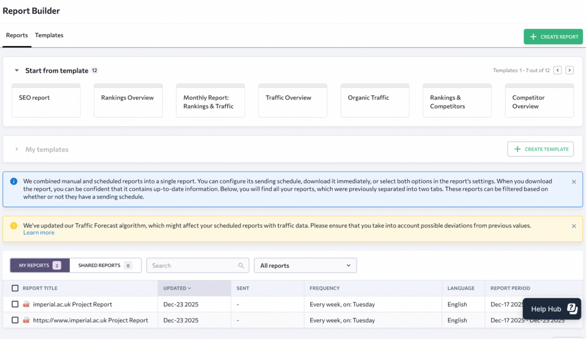 SE Ranking: the Report Builder with templates and scheduled reports