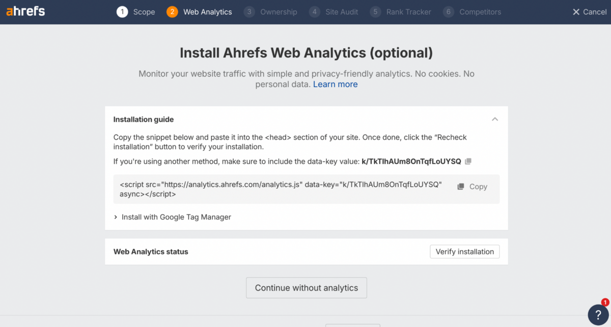 Installing Ahrefs Web Analytics