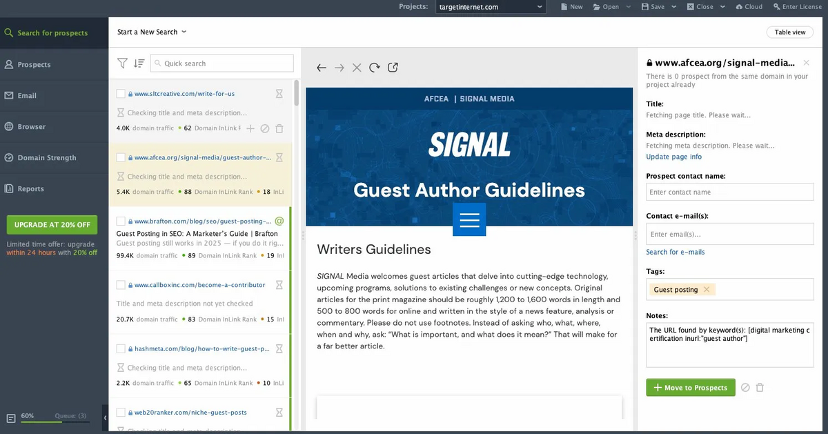 SEO PowerSuite: Prospect Detail
