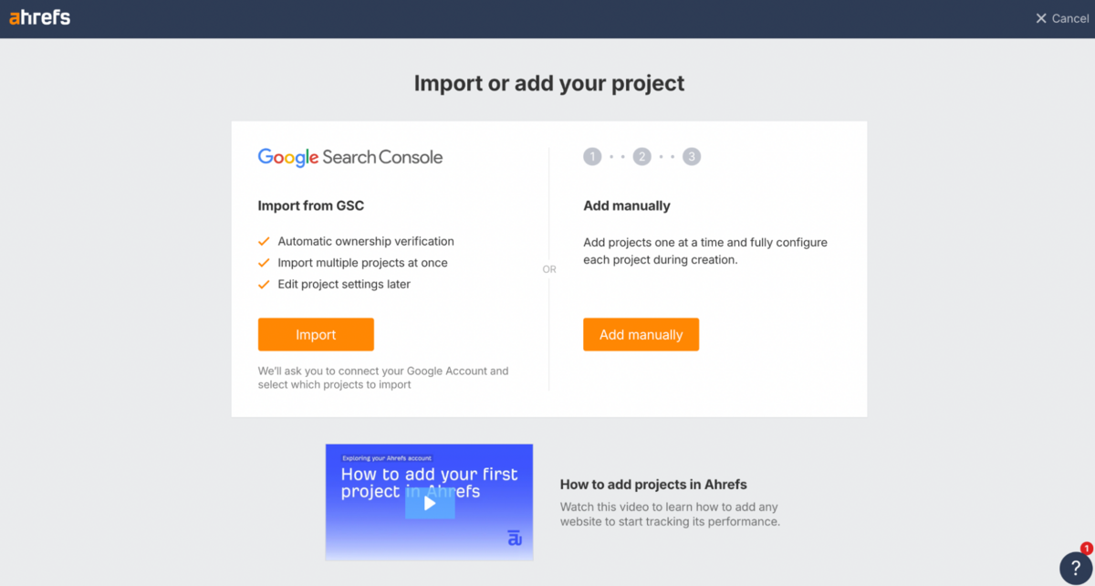 Importing a project in Ahrefs
