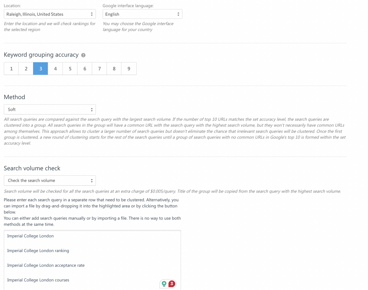 SE Ranking: Keyword Grouper settings with grouping accuracy, method and search volume check