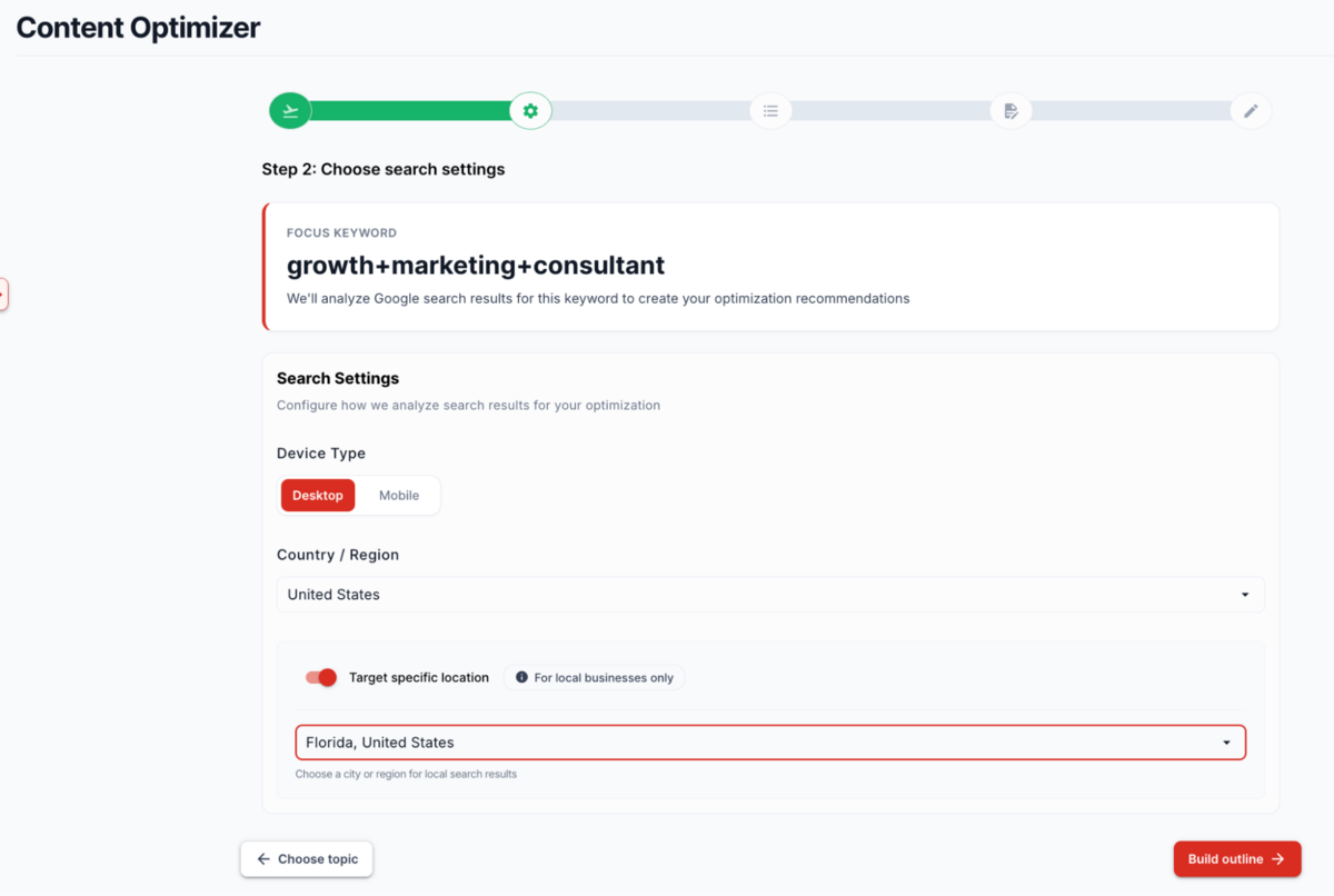 setting search settings in content optimiser