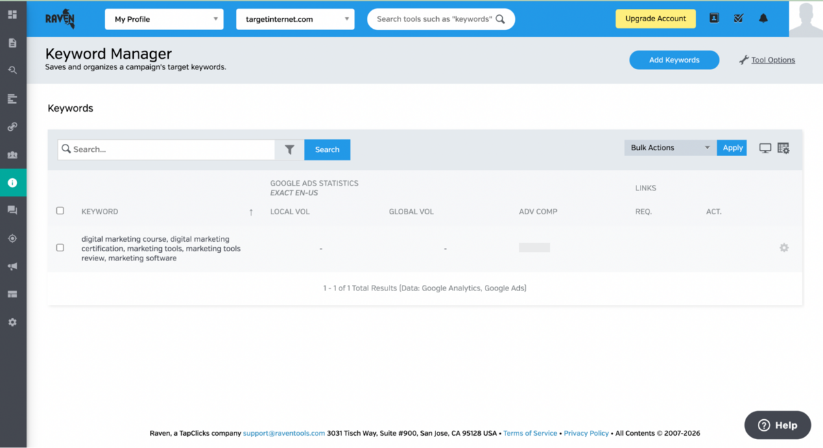 Raven Tools - Keyword Manager