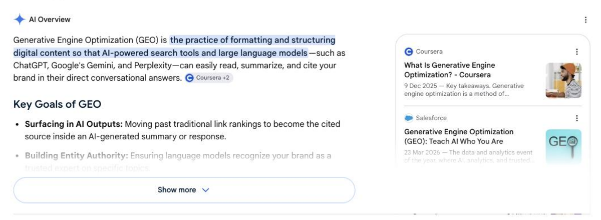 Google search results page showing an AI Overview answering the query what is generative engine optimisation, with cited sources displayed to the right
