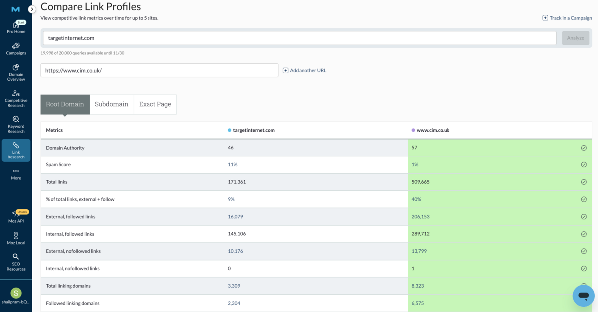 Comparing Link Profiles in Moz Pro