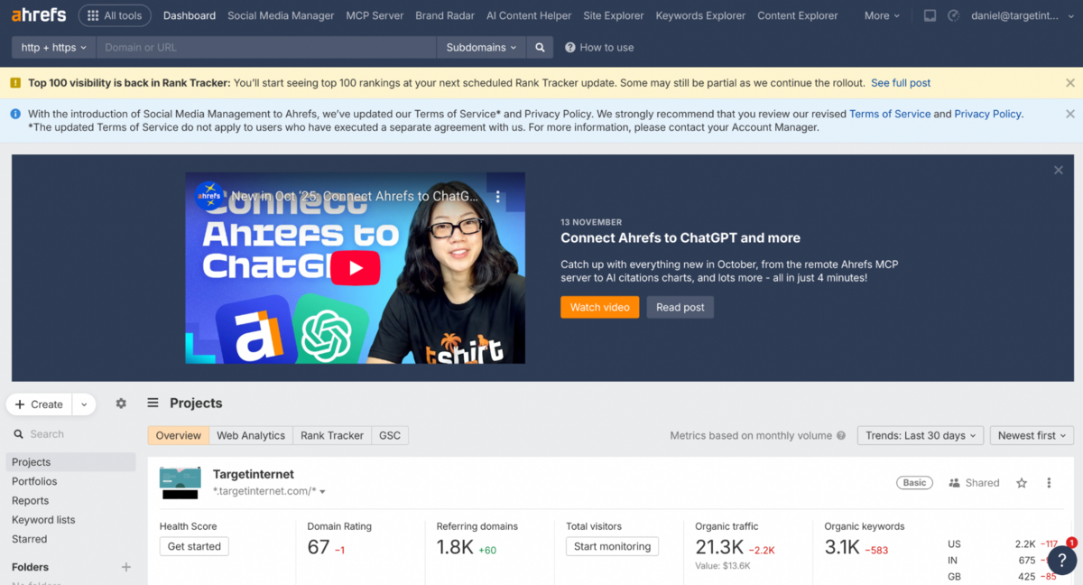 Ahrefs Project Dashboard