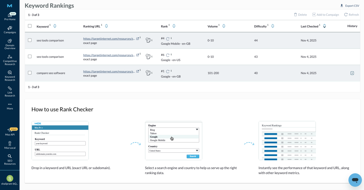 Keyword Rank Checker in Moz Pro