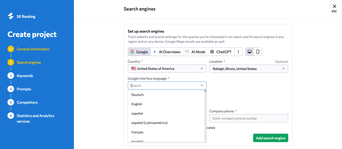 SE Ranking: choosing search engines during project setup, including AI Overviews, AI Mode and ChatGPT tracking