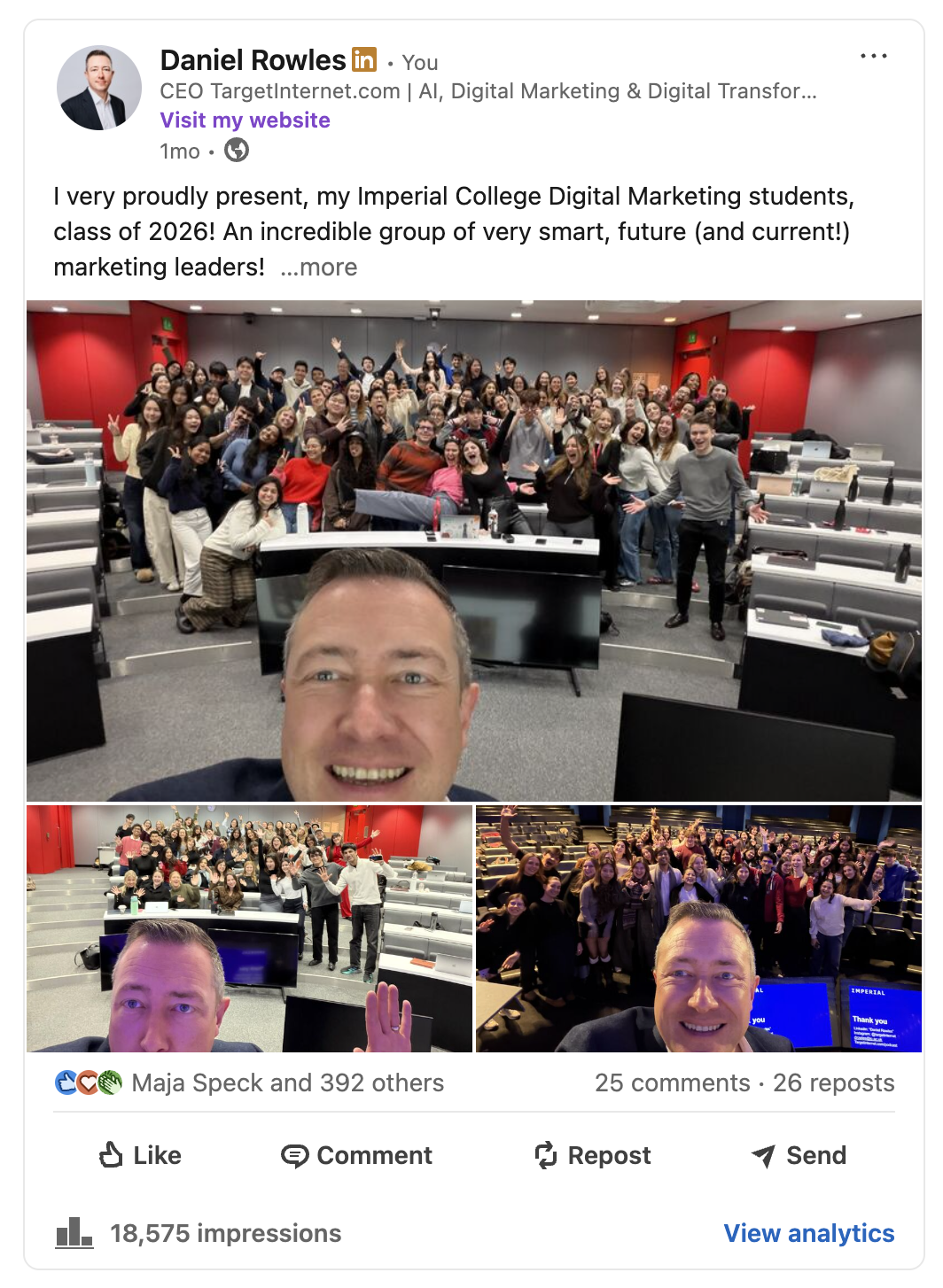 A LinkedIn post showing a group photo of Imperial College Digital Marketing students, which received 392 reactions, 25 comments, 26 reposts and 18,575 impressions