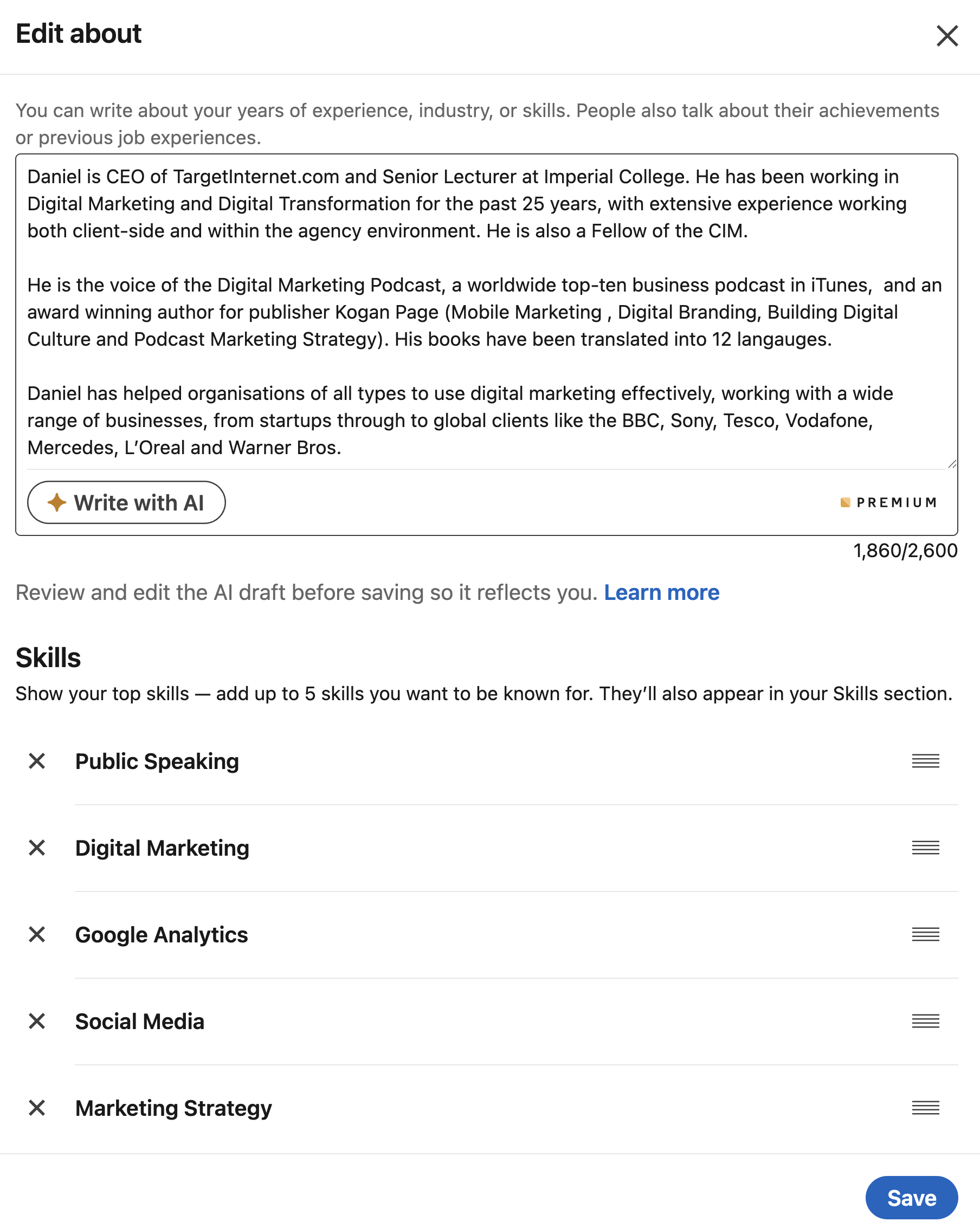 LinkedIn's Edit about screen showing a completed About section with skills including Public Speaking, Digital Marketing, Google Analytics, Social Media and Marketing Strategy