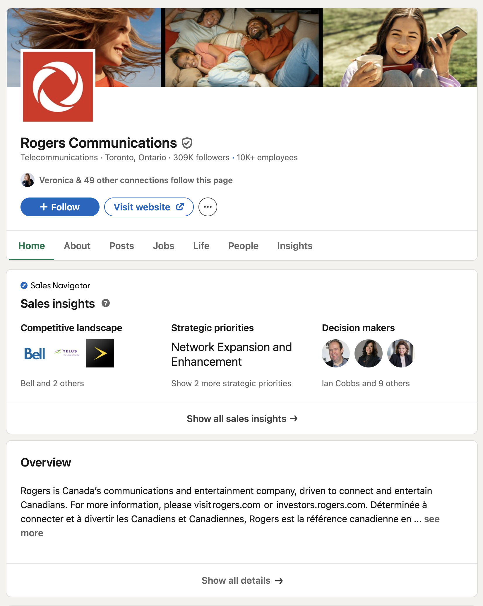 Rogers Communications LinkedIn company page showing Sales Navigator Sales Insights panel with competitive landscape, strategic priorities including Network Expansion and Enhancement, and decision makers