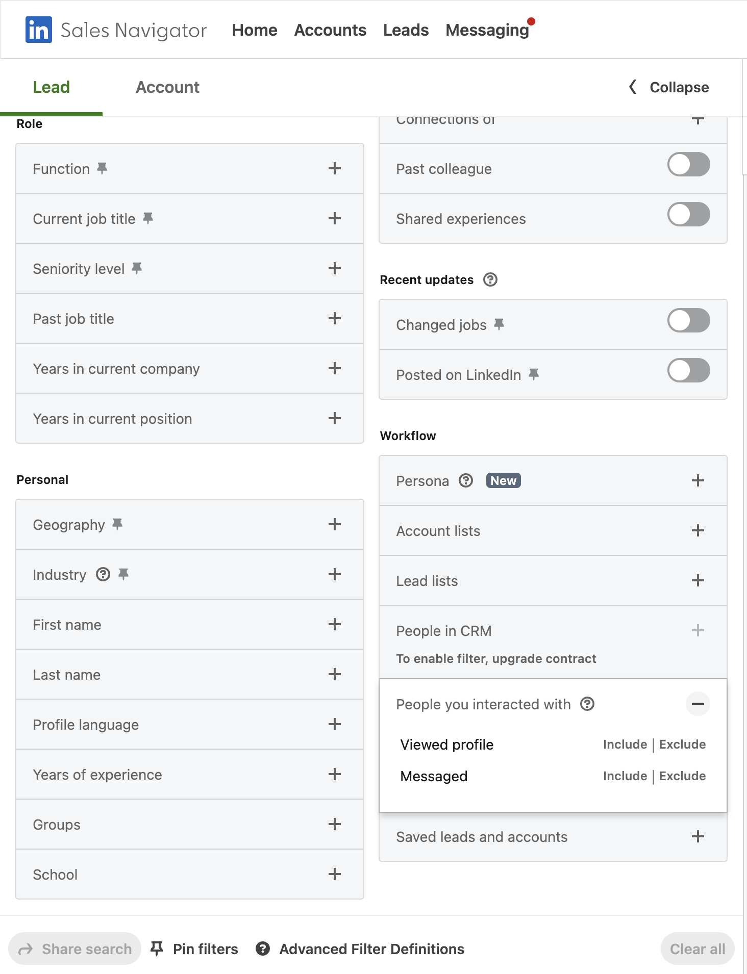 Sales Navigator advanced filter panel showing lead filtering options including function, job title, seniority level, geography and workflow filters including people who viewed your profile or messaged you